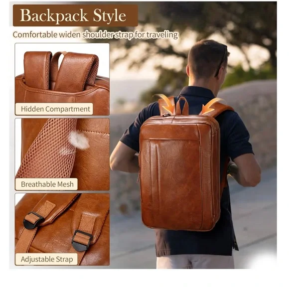 NWT Convertible Tan Leather Laptop Briefcase & Backpack - - Picture 7 of 10